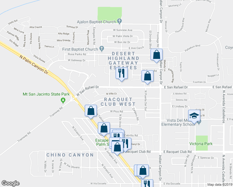 map of restaurants, bars, coffee shops, grocery stores, and more near 470 North Villa Court in Palm Springs