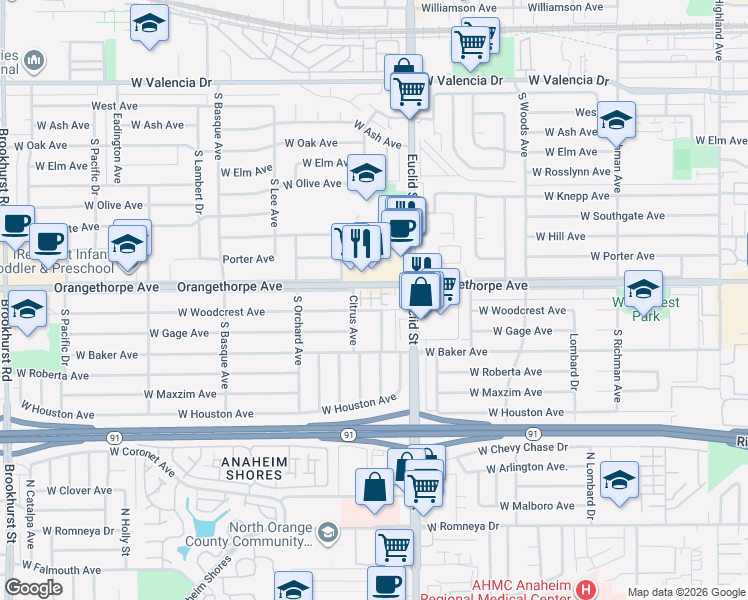 map of restaurants, bars, coffee shops, grocery stores, and more near 1043 West Orangethorpe Avenue in Fullerton