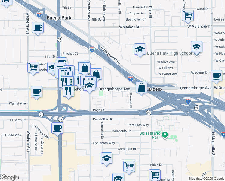 map of restaurants, bars, coffee shops, grocery stores, and more near 6952 Indiana Avenue in Buena Park