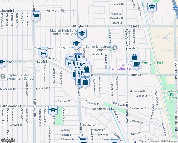 map of restaurants, bars, coffee shops, grocery stores, and more near 5702 Spahn Avenue in Lakewood