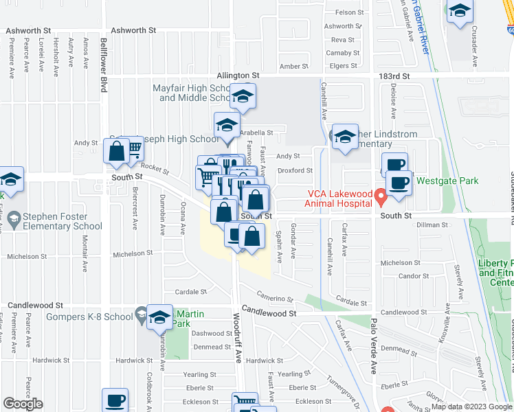 map of restaurants, bars, coffee shops, grocery stores, and more near 5930 Edgefield Street in Lakewood