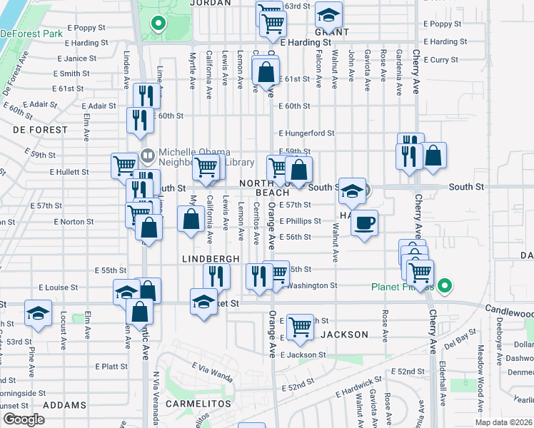 map of restaurants, bars, coffee shops, grocery stores, and more near in Long Beach