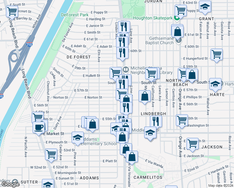 map of restaurants, bars, coffee shops, grocery stores, and more near 5709 Linden Avenue in Long Beach
