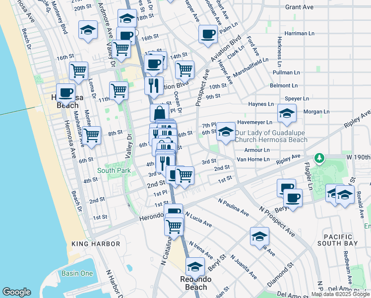 map of restaurants, bars, coffee shops, grocery stores, and more near 1004 6th Street in Hermosa Beach