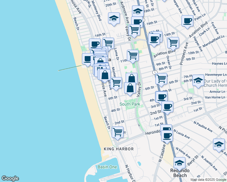 map of restaurants, bars, coffee shops, grocery stores, and more near in Hermosa Beach