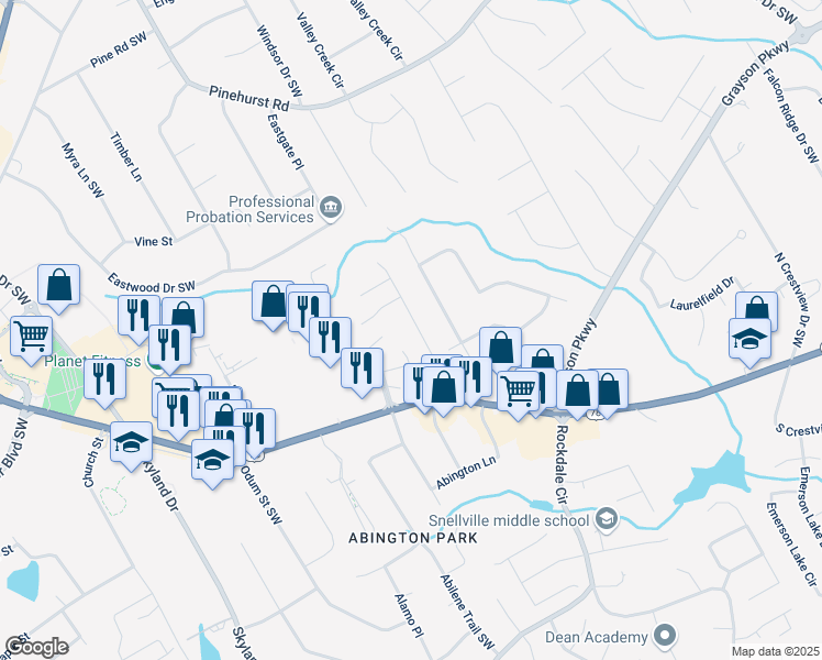 map of restaurants, bars, coffee shops, grocery stores, and more near 1885 Hickory Station Circle in Snellville