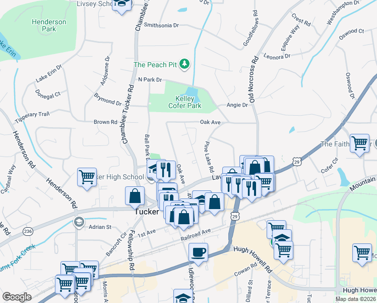 map of restaurants, bars, coffee shops, grocery stores, and more near 4325 Lehaven Circle in Tucker