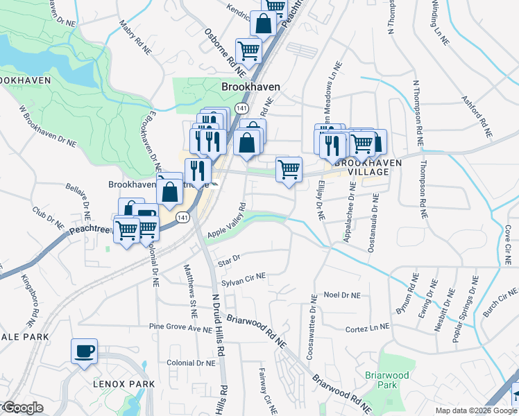 map of restaurants, bars, coffee shops, grocery stores, and more near 1271 Appleden Trace in Brookhaven
