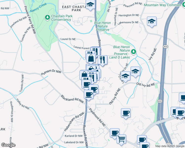map of restaurants, bars, coffee shops, grocery stores, and more near 3830 Roswell Road Northeast in Atlanta