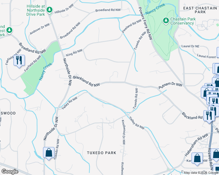 map of restaurants, bars, coffee shops, grocery stores, and more near 312 Blackland Road Northwest in Atlanta
