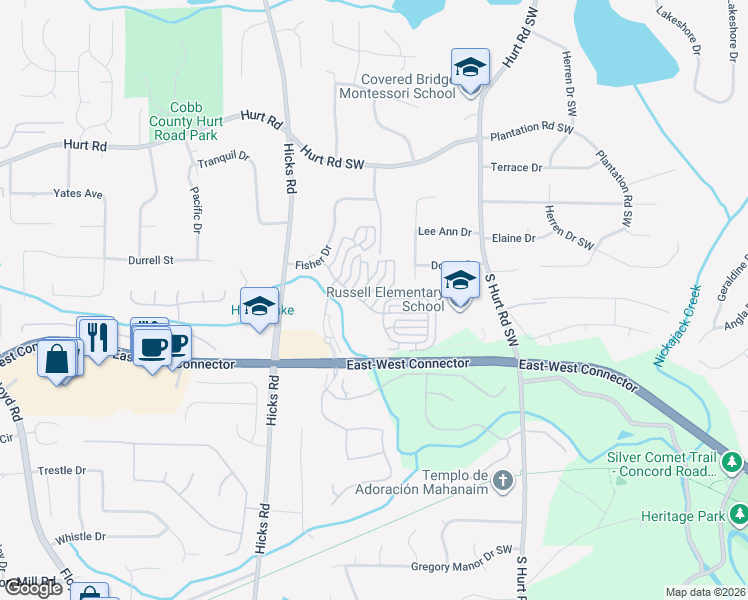 map of restaurants, bars, coffee shops, grocery stores, and more near 3981 Covey Flush Court Southwest in Smyrna