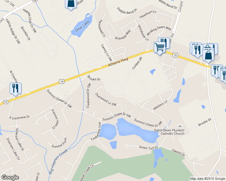 map of restaurants, bars, coffee shops, grocery stores, and more near 3034 Gayle Manor Lane Southwest in Snellville