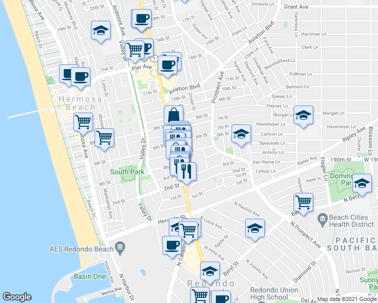 map of restaurants, bars, coffee shops, grocery stores, and more near 5th St & Ocean View Ave in Hermosa Beach