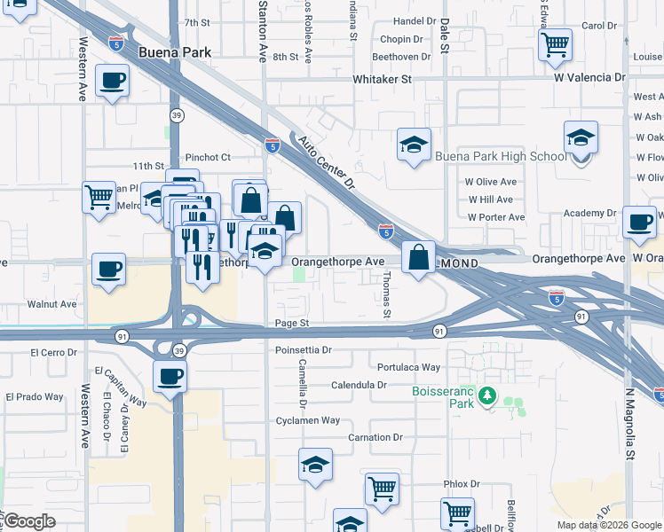 map of restaurants, bars, coffee shops, grocery stores, and more near 6952 Indiana Avenue in Buena Park