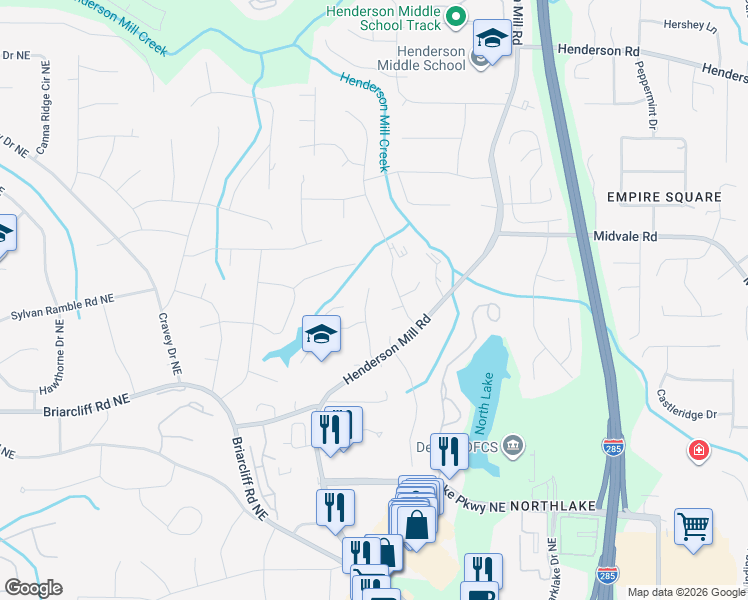 map of restaurants, bars, coffee shops, grocery stores, and more near 2483 Kings Arms Drive in Atlanta