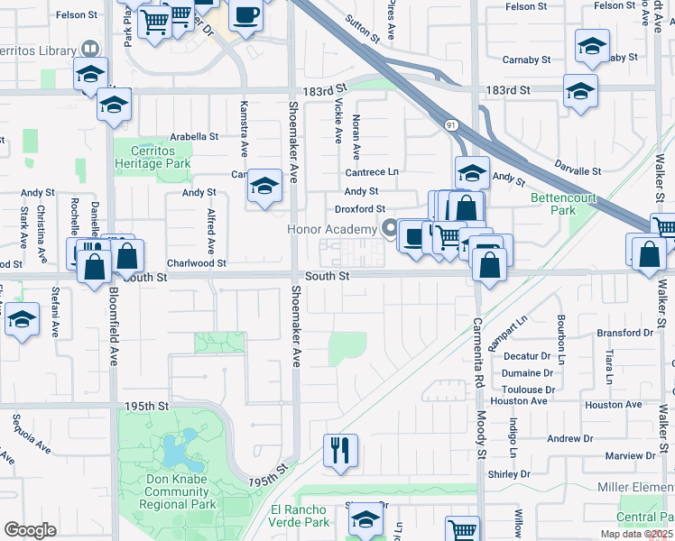 map of restaurants, bars, coffee shops, grocery stores, and more near 13315 South Street in Cerritos