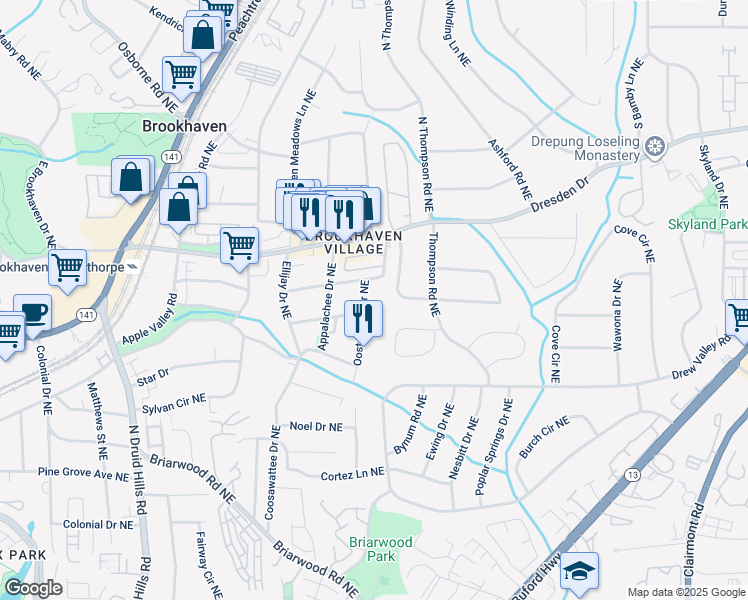 map of restaurants, bars, coffee shops, grocery stores, and more near 1477 Grant Drive Northeast in Atlanta