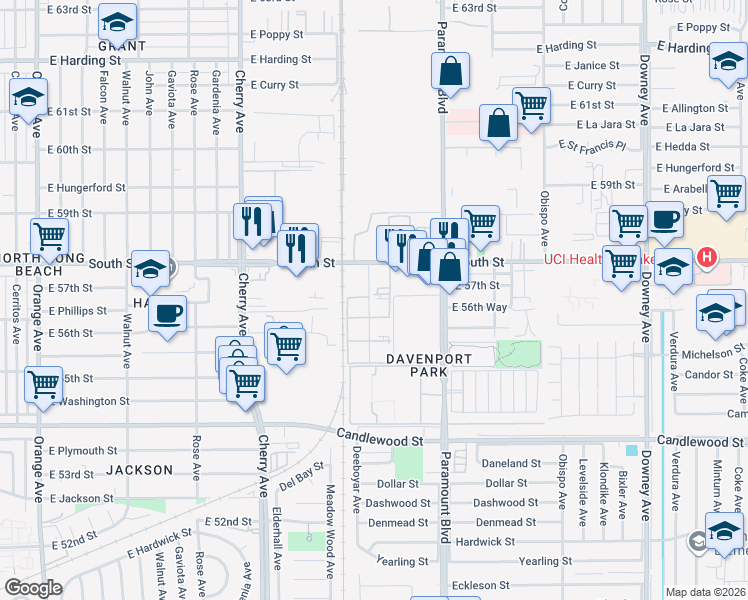 map of restaurants, bars, coffee shops, grocery stores, and more near 5560 Ackerfield Avenue in Long Beach