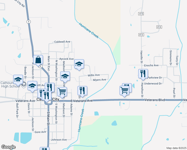 map of restaurants, bars, coffee shops, grocery stores, and more near Willis Avenue in Calhoun City