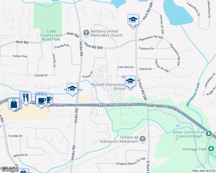 map of restaurants, bars, coffee shops, grocery stores, and more near 3990 Aunt Lucy Lane Southwest in Smyrna