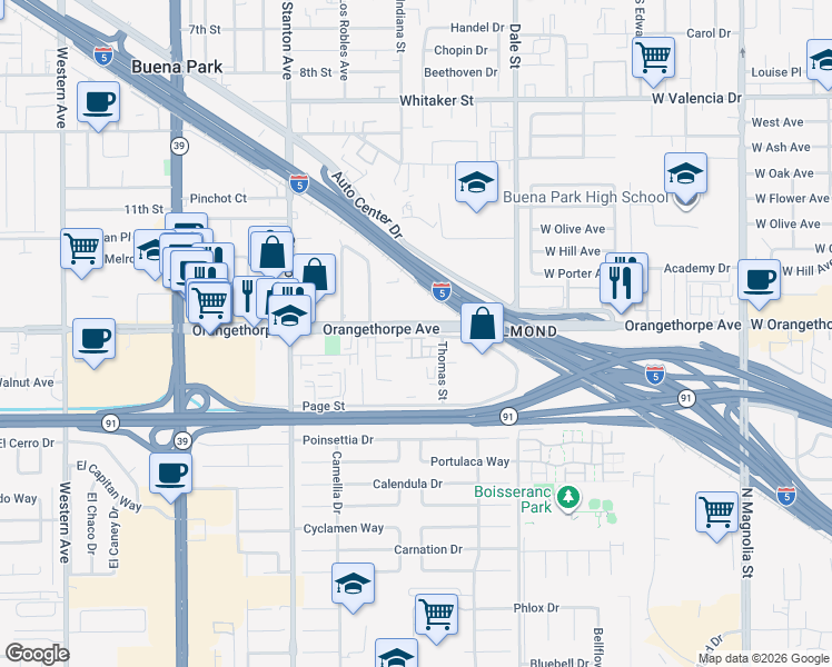 map of restaurants, bars, coffee shops, grocery stores, and more near 8252 Orangethorpe Avenue in Buena Park