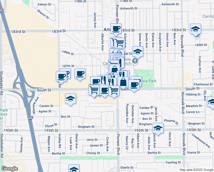map of restaurants, bars, coffee shops, grocery stores, and more near 11740 188th Street in Artesia
