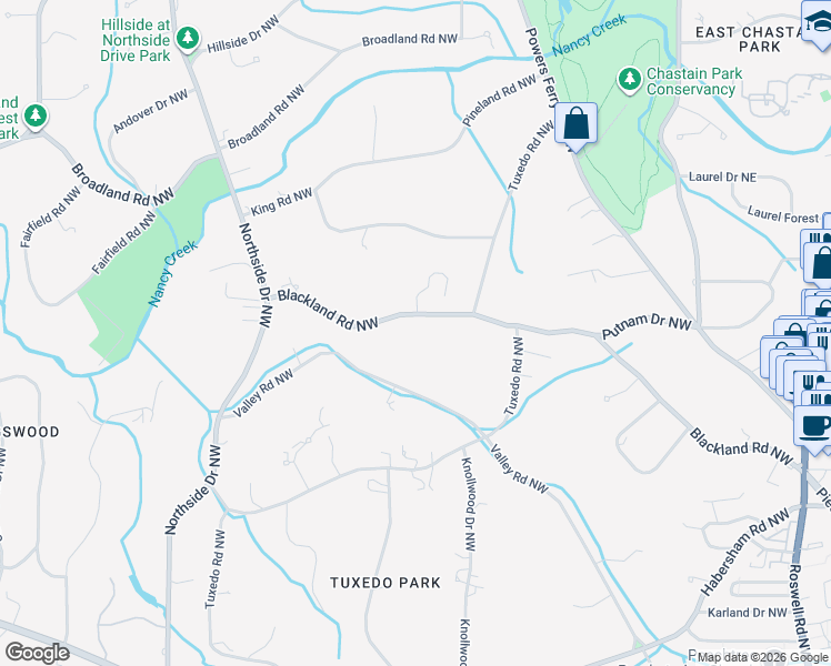 map of restaurants, bars, coffee shops, grocery stores, and more near 312 Blackland Road Northwest in Atlanta