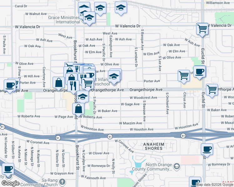 map of restaurants, bars, coffee shops, grocery stores, and more near 1510 West Orangethorpe Avenue in Fullerton
