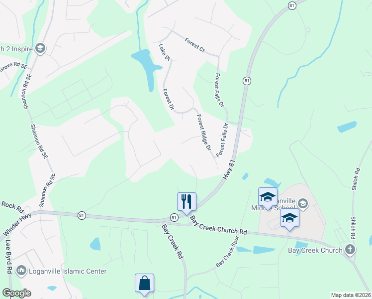 map of restaurants, bars, coffee shops, grocery stores, and more near 3003 Dogwood Lane in Loganville