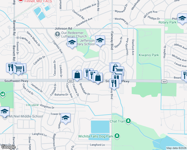 map of restaurants, bars, coffee shops, grocery stores, and more near 4657 Briarwood Drive in Wichita Falls