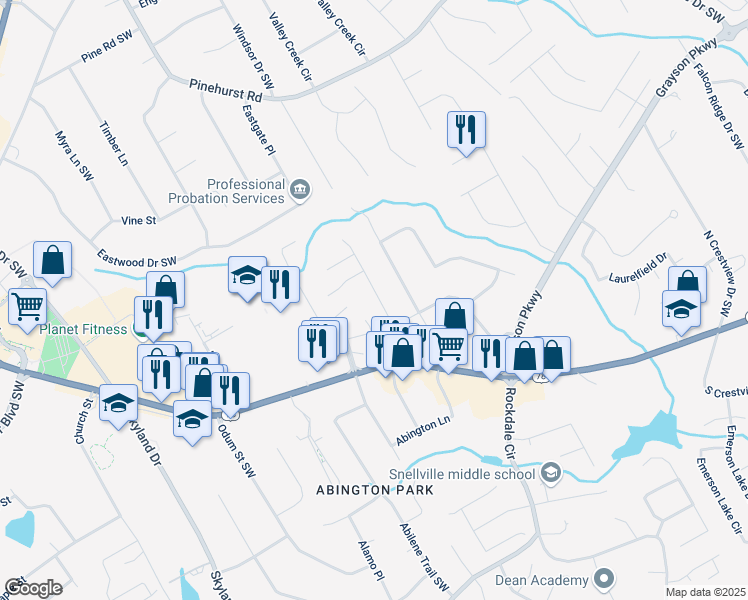 map of restaurants, bars, coffee shops, grocery stores, and more near 1885 Hickory Station Circle in Snellville