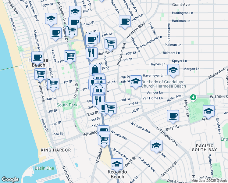 map of restaurants, bars, coffee shops, grocery stores, and more near 1002 5th Street in Hermosa Beach