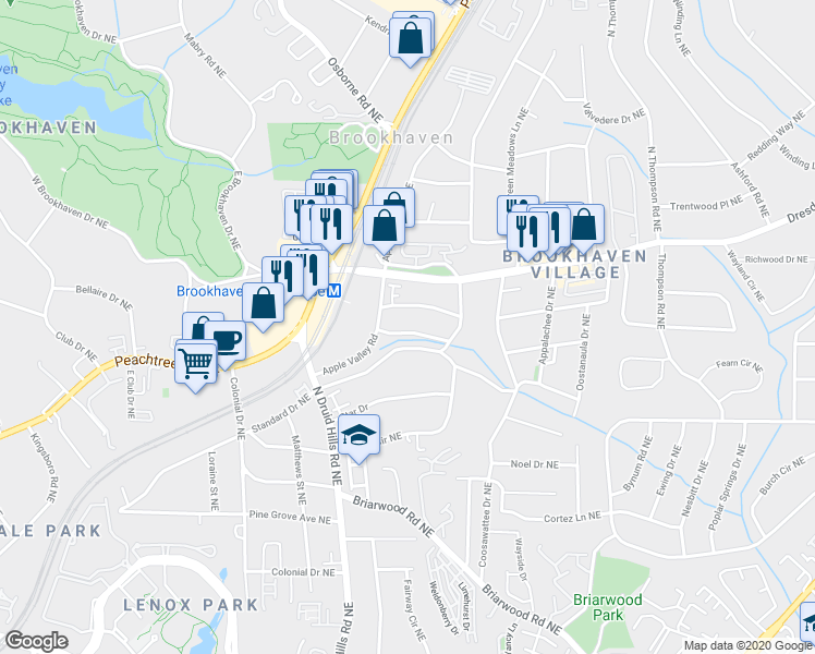 map of restaurants, bars, coffee shops, grocery stores, and more near 1294 Fernwood Circle Northeast in Atlanta