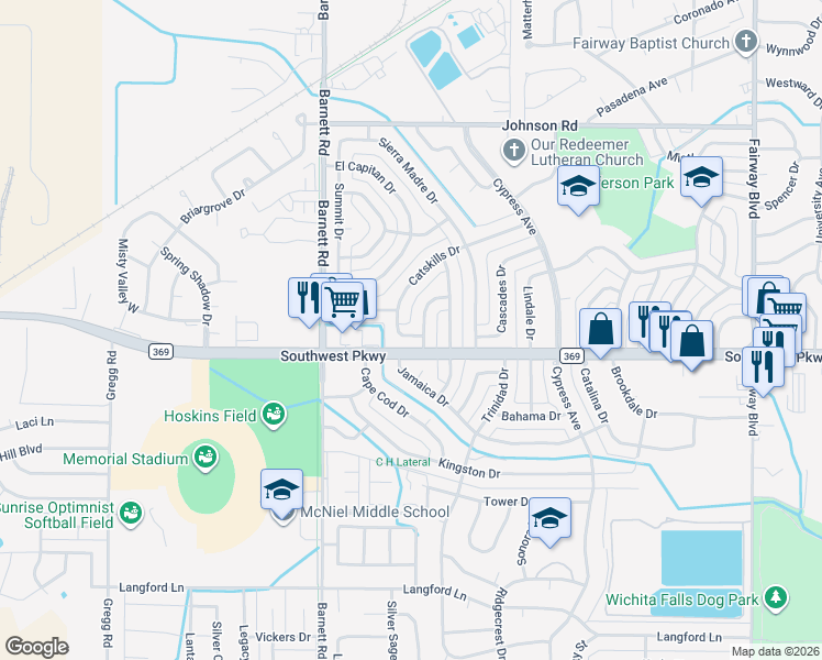 map of restaurants, bars, coffee shops, grocery stores, and more near 5210 Allegheny Drive in Wichita Falls