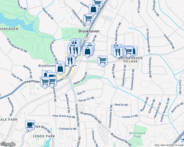 map of restaurants, bars, coffee shops, grocery stores, and more near 1290 Fernwood Circle Northeast in Atlanta