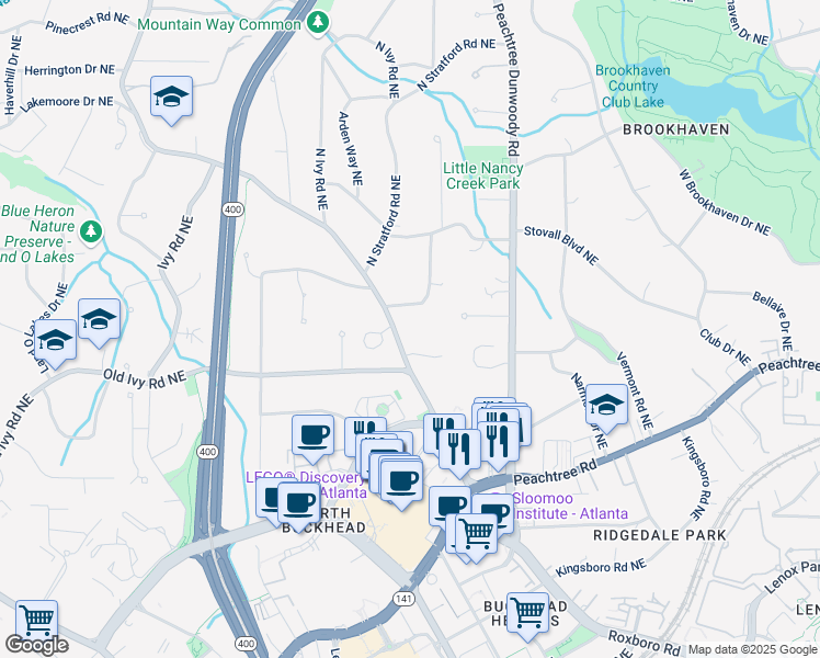 map of restaurants, bars, coffee shops, grocery stores, and more near 3809 Wieuca Road Northeast in Atlanta