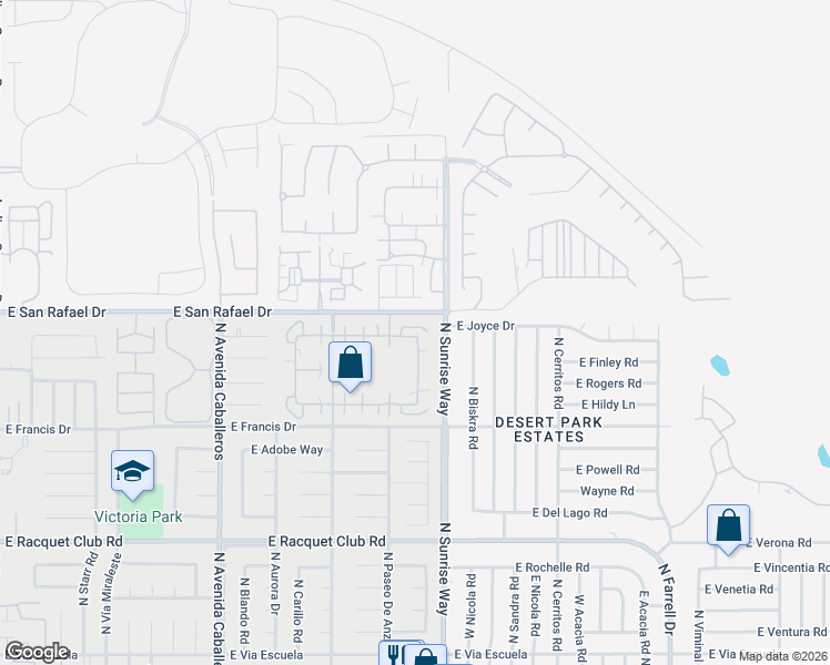 map of restaurants, bars, coffee shops, grocery stores, and more near 1589 Sunflower Court North in Palm Springs