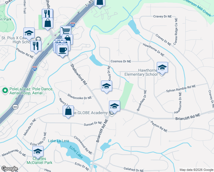 map of restaurants, bars, coffee shops, grocery stores, and more near 2513 Flair Knoll Court Northeast in Atlanta