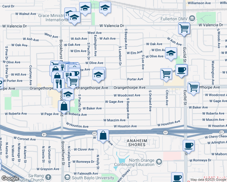 map of restaurants, bars, coffee shops, grocery stores, and more near 1461 West Orangethorpe Avenue in Fullerton