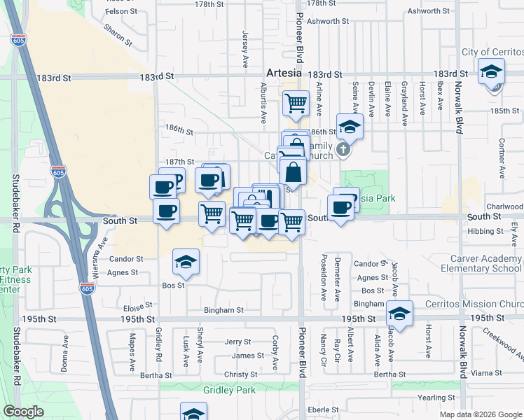 map of restaurants, bars, coffee shops, grocery stores, and more near 18806 Alburtis Avenue in Artesia
