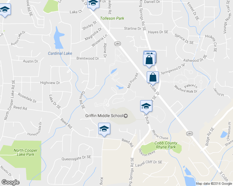 map of restaurants, bars, coffee shops, grocery stores, and more near 1104 Mill Pond Court Southeast in Smyrna