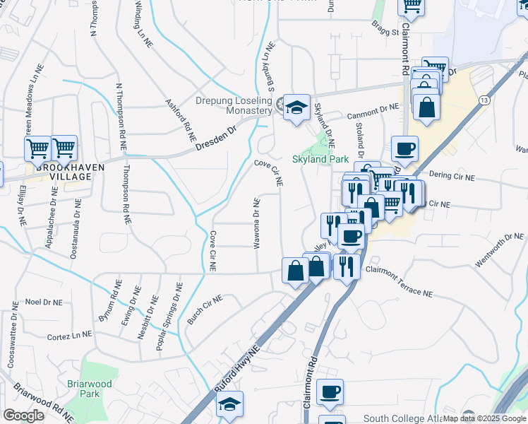 map of restaurants, bars, coffee shops, grocery stores, and more near 2509 Wawona Drive Northeast in Atlanta