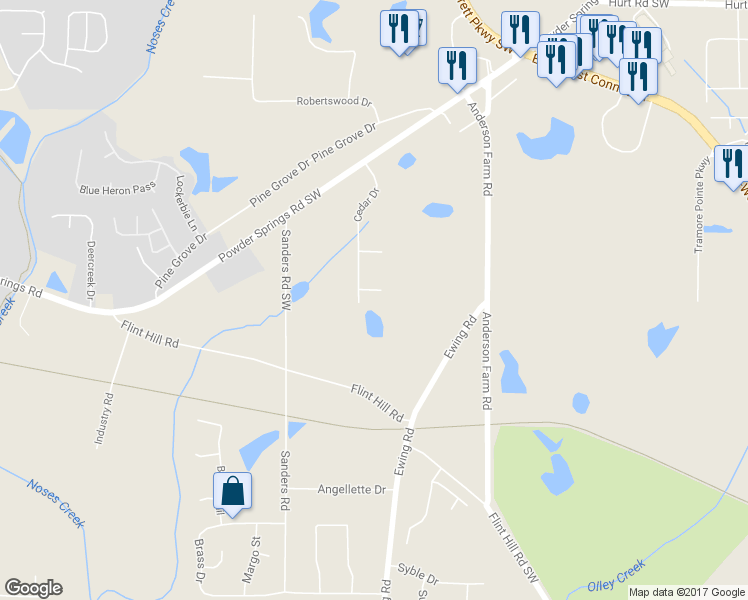 map of restaurants, bars, coffee shops, grocery stores, and more near 2867 Ash Street Southwest in Marietta