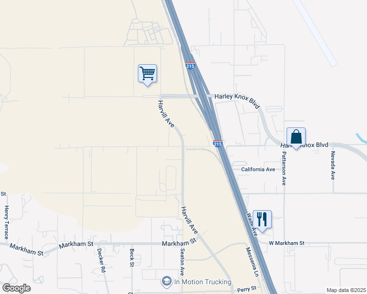 map of restaurants, bars, coffee shops, grocery stores, and more near 17618 Harvill Avenue in Perris