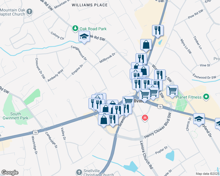 map of restaurants, bars, coffee shops, grocery stores, and more near 2166 Tanglewood Drive in Snellville