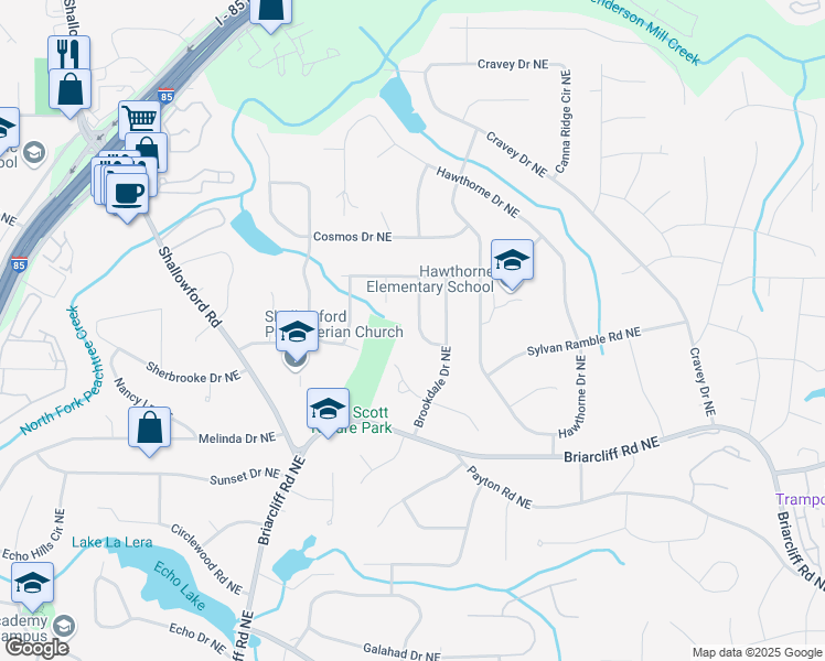 map of restaurants, bars, coffee shops, grocery stores, and more near 2490 Brookcliff Way Northeast in Atlanta
