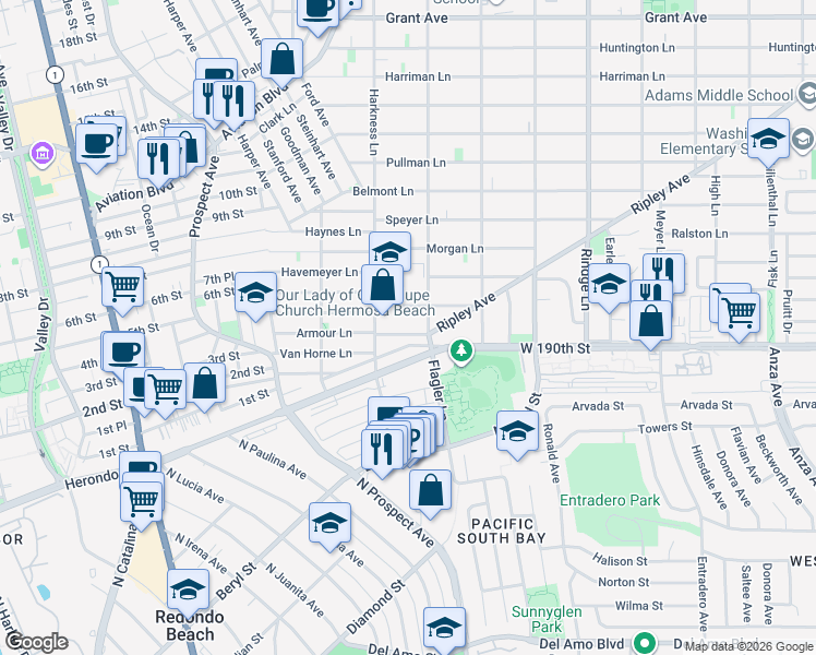 map of restaurants, bars, coffee shops, grocery stores, and more near 1812 Spreckels Lane in Redondo Beach