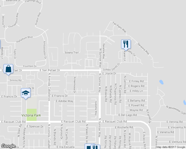 map of restaurants, bars, coffee shops, grocery stores, and more near 1632 Sunflower Court North in Palm Springs