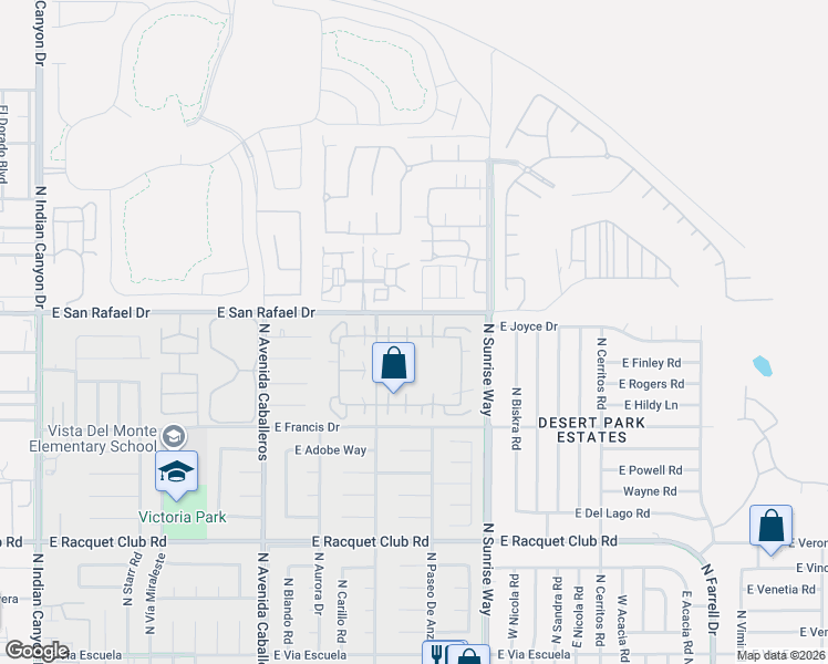map of restaurants, bars, coffee shops, grocery stores, and more near 1401 East Twin Star Road in Palm Springs