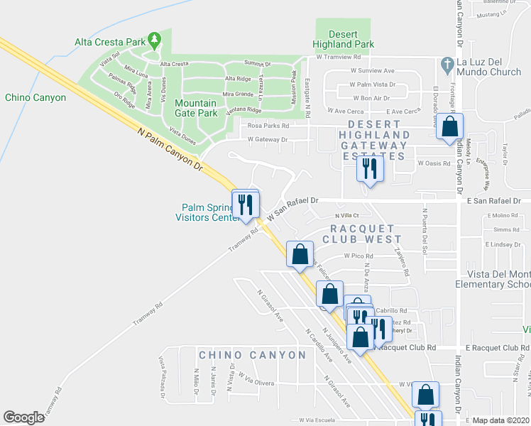 map of restaurants, bars, coffee shops, grocery stores, and more near 701 Los Felices Circle West in Palm Springs